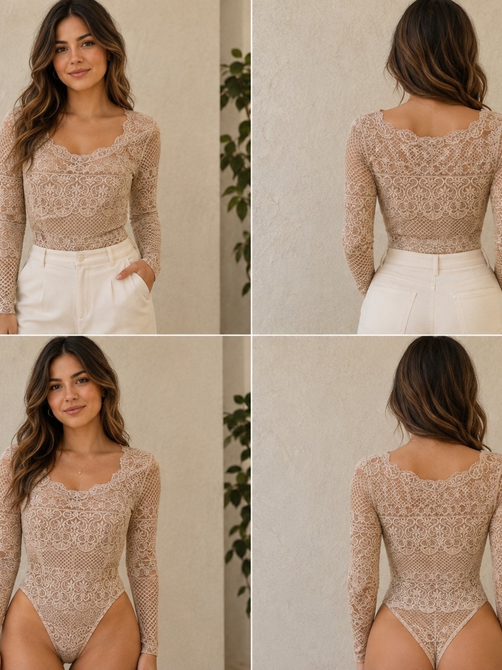 bebe Beige Lace Long-Sleeve Bodysuit